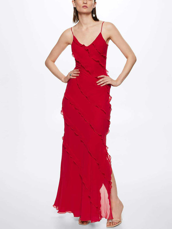 Romantic Knit Everyday Dress with Slight Elasticity in Polyester Fabric - Red / S