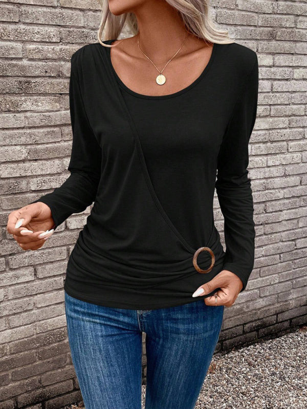 Round neck buckle pleated waist fashionable women’s top
