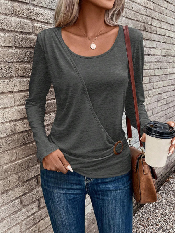 Round neck buckle pleated waist fashionable women’s top