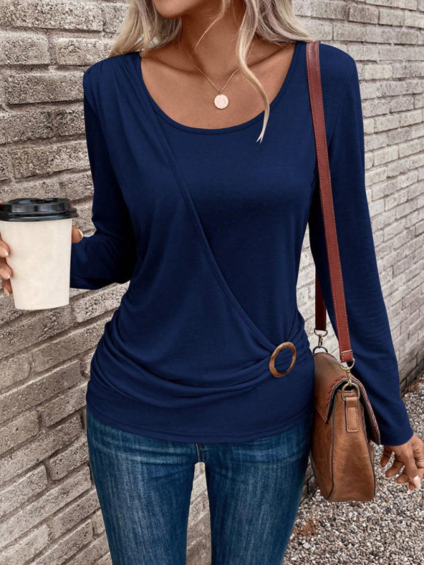 Round neck buckle pleated waist fashionable women’s top