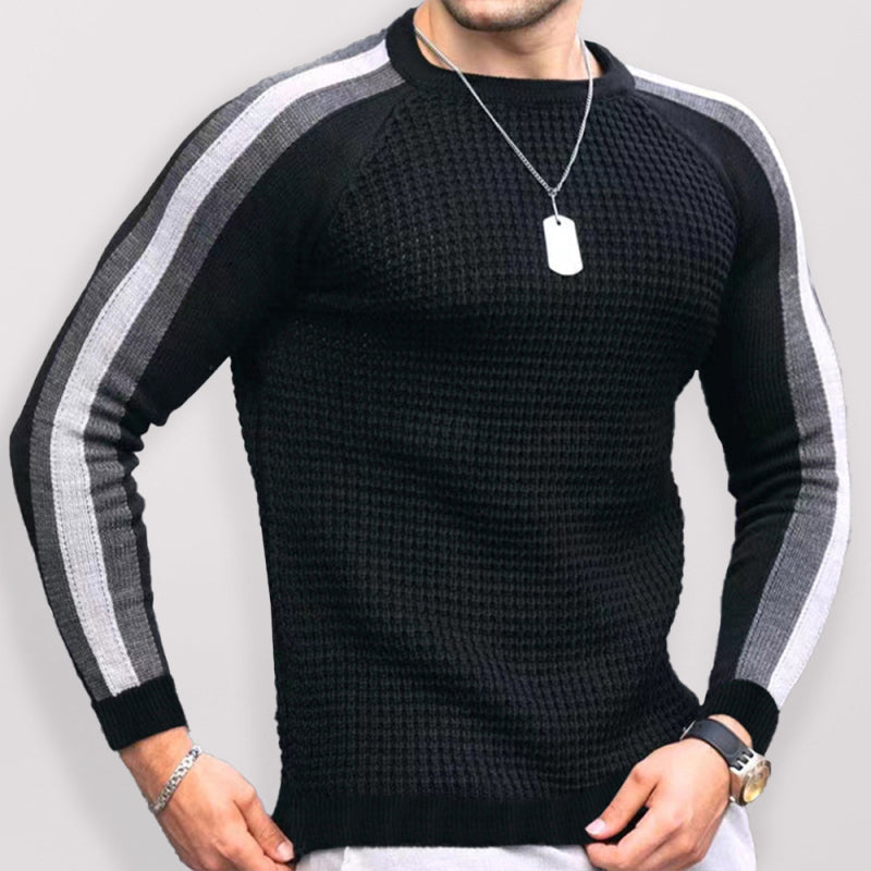 Round neck color contrast t-shirt men’s casual loose bottoming sweater - Black / S