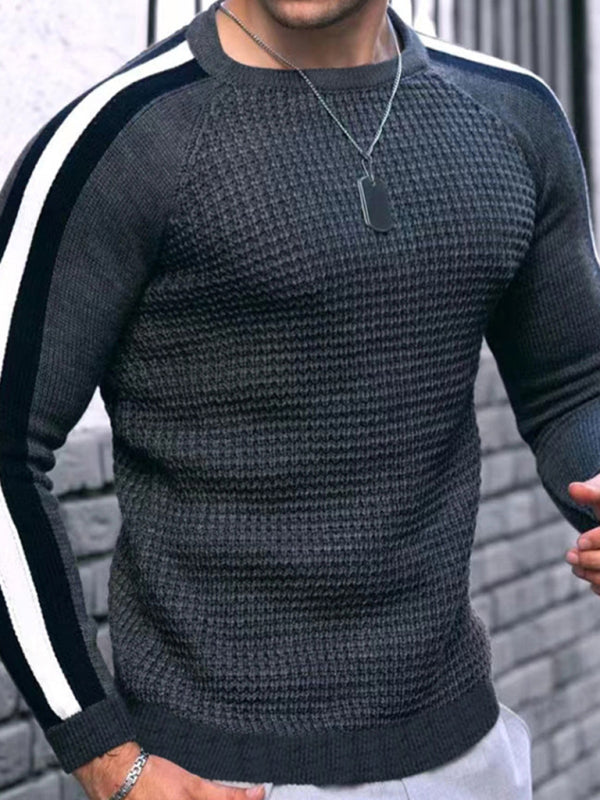 Round neck color contrast t-shirt men’s casual loose bottoming sweater - Misty grey / S