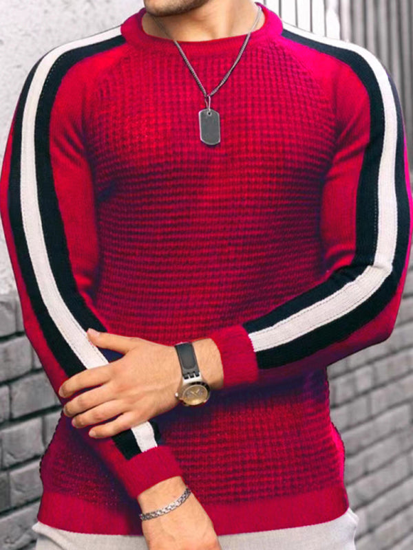 Round neck color contrast t-shirt men’s casual loose bottoming sweater - Dark Red / S