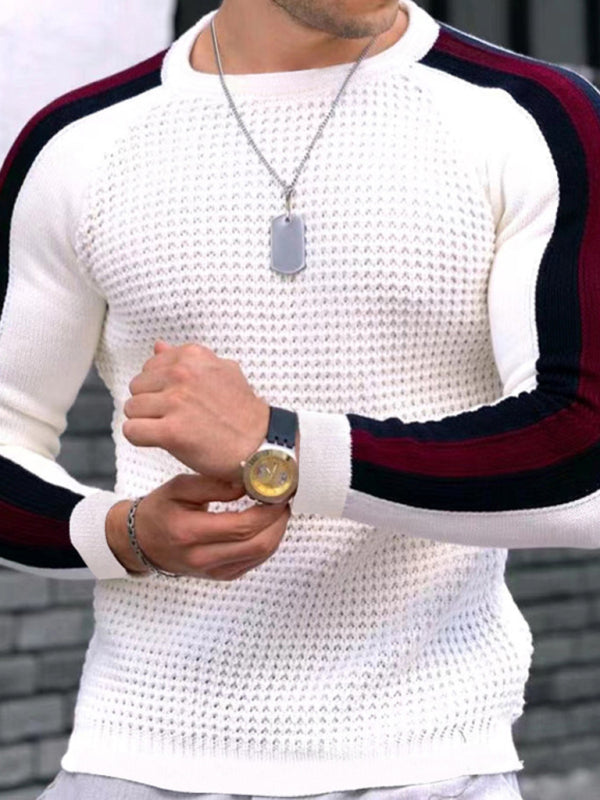Round neck color contrast t-shirt men’s casual loose bottoming sweater - White / S