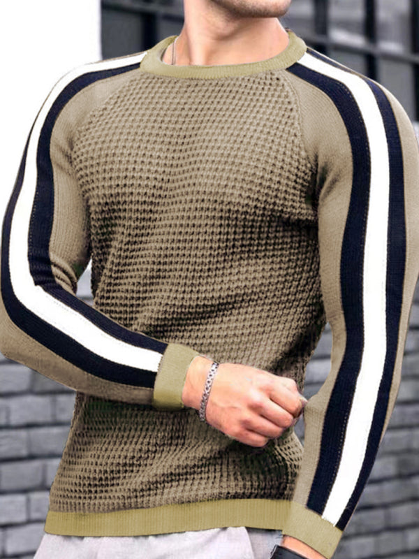 Round neck color contrast t-shirt men’s casual loose bottoming sweater - Khaki / S