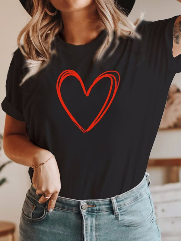 Round neck cotton printed short-sleeved t-shirt top women love - Black / S