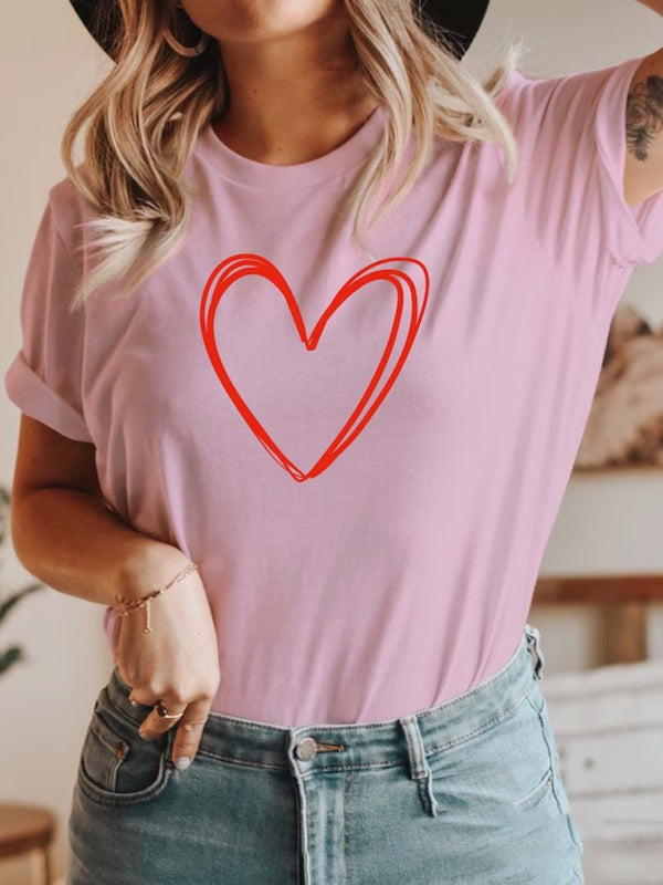 Round neck cotton printed short-sleeved t-shirt top women love - Pink / S