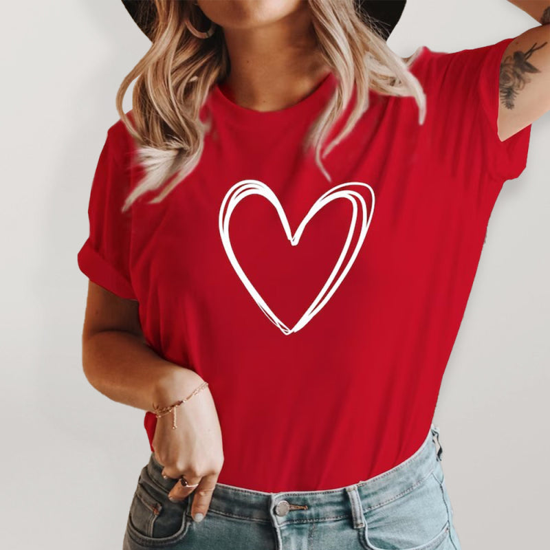 Round neck cotton printed short-sleeved t-shirt top women love - Red / S