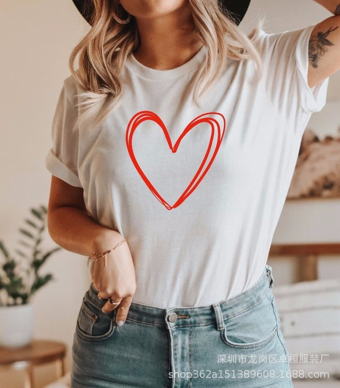 Round neck cotton printed short-sleeved t-shirt top women love - White / S