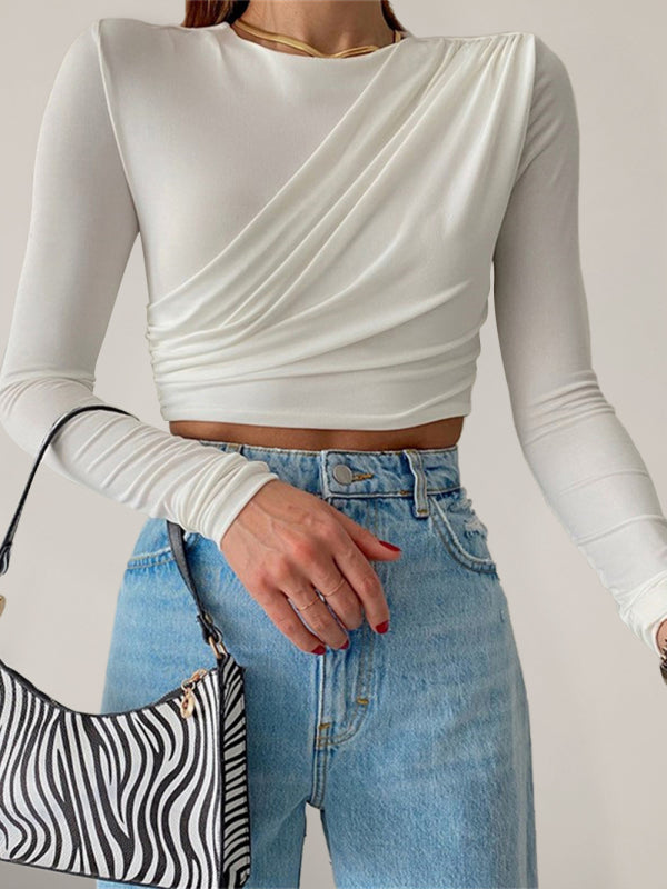 Round neck long sleeve slim fit short top - White / S