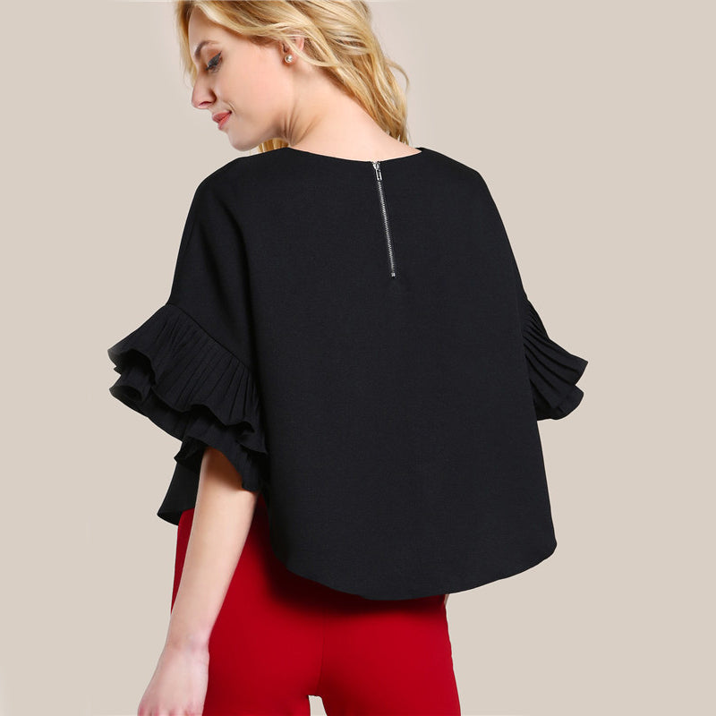 Round Neck Lotus Leaf Double Layer Flared Sleeve Short Fashion Top - Black / XS