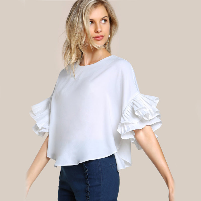 Round Neck Lotus Leaf Double Layer Flared Sleeve Short Fashion Top - Raw white off white / S