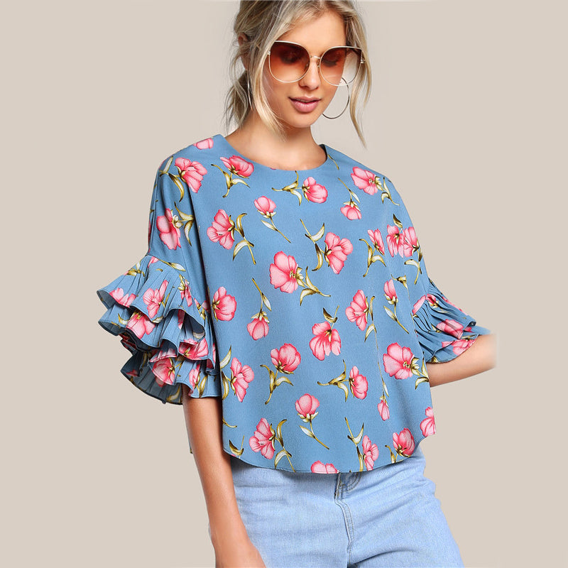 Round Neck Lotus Leaf Double Layer Flared Sleeve Short Fashion Top - Blue / XS