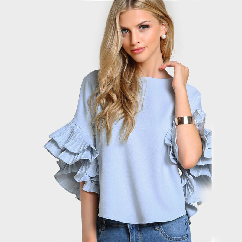 Round Neck Lotus Leaf Double Layer Flared Sleeve Short Fashion Top - Clear blue / S