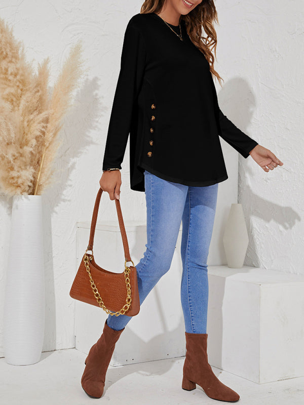 Round Neck Women’s Casual Simple Button Long Sleeve T-Shirt
