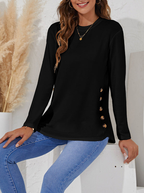 Round Neck Women’s Casual Simple Button Long Sleeve T-Shirt
