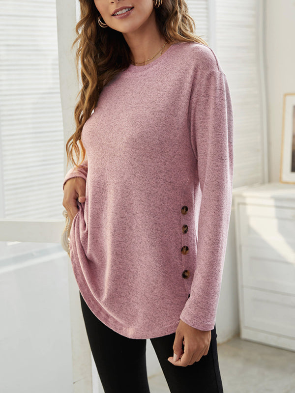 Round Neck Women’s Casual Simple Button Long Sleeve T-Shirt