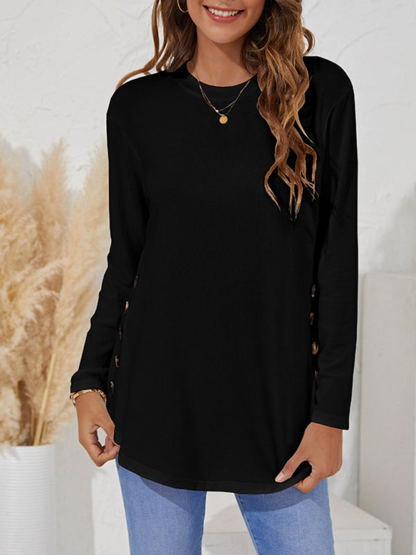 Round Neck Women’s Casual Simple Button Long Sleeve T-Shirt - Black / S