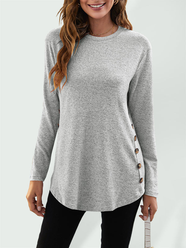 Round Neck Women’s Casual Simple Button Long Sleeve T-Shirt - Grey / S
