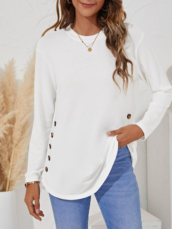 Round Neck Women’s Casual Simple Button Long Sleeve T-Shirt - White / S