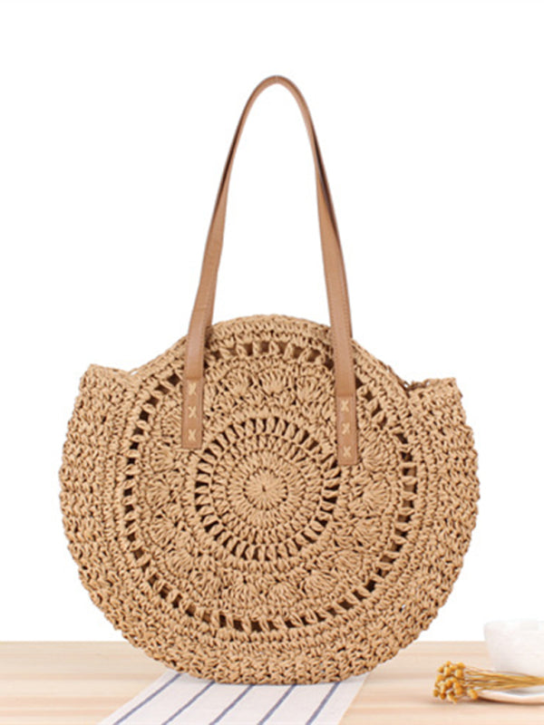 Round shoulder straw woven bag woven bag beach bag fashion women’s bag straw woven bag - Brown / M