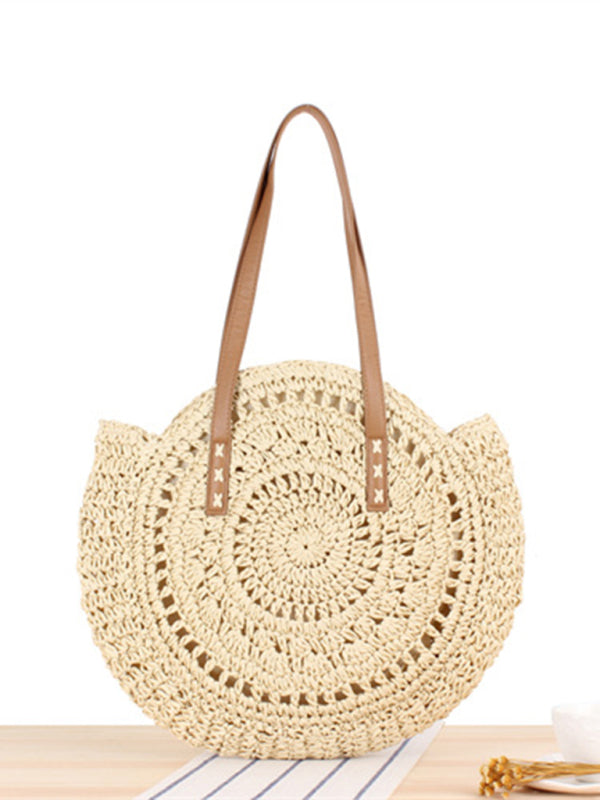 Round shoulder straw woven bag woven bag beach bag fashion women’s bag straw woven bag - Khaki / M