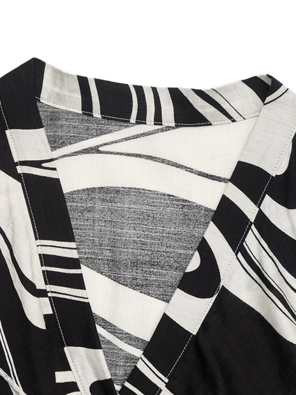 Black and white patterned garment neckline on Ruffle Print Shirt Long Sleeve Dress