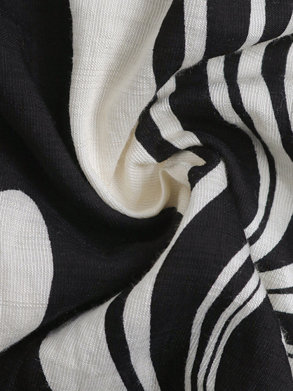 Black and white patterned fabric featured in the Ruffle Print Shirt Long Sleeve Dress