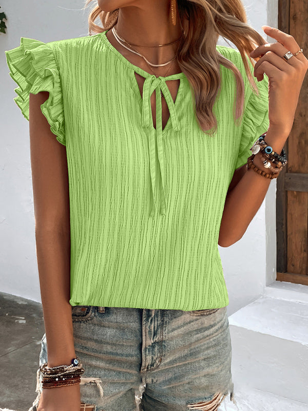 Ruffled V-Neck Knit Top for Women - Green / S