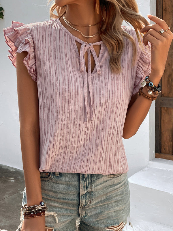 Ruffled V-Neck Knit Top for Women - Lotus root Pink / S