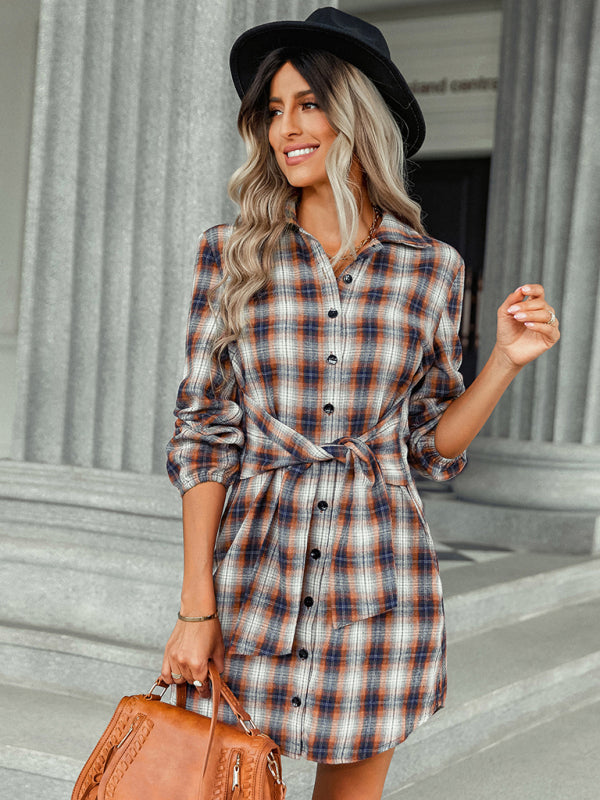 Seasonal single breasted fashionable plaid lace waist dress - Closther