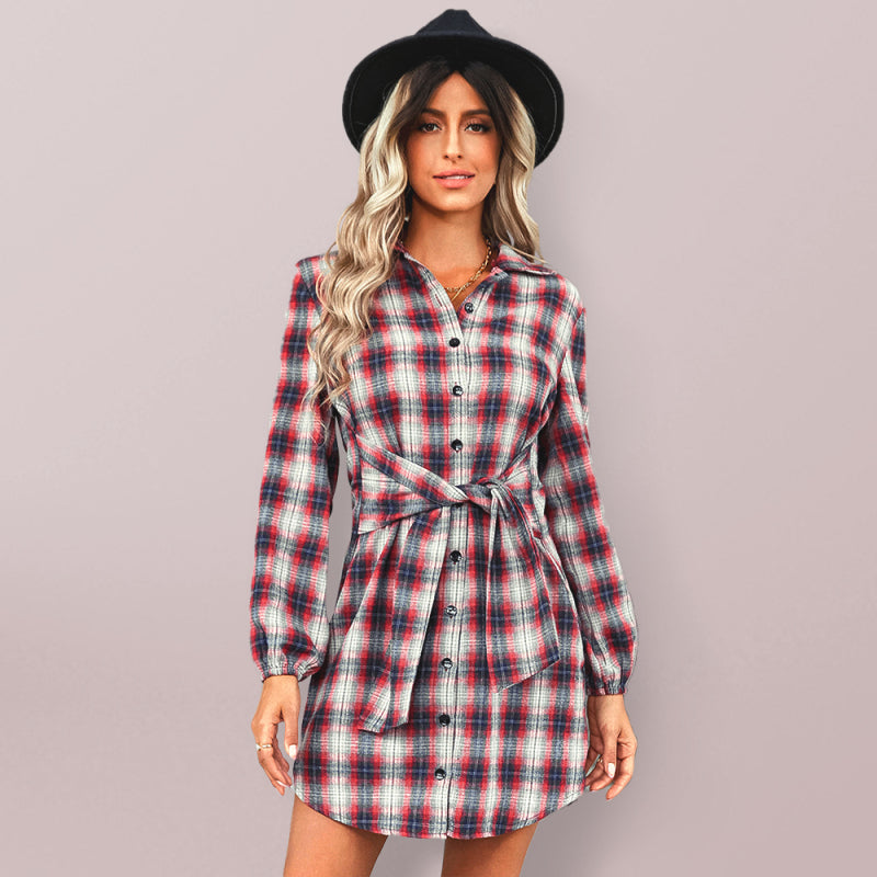 Seasonal single breasted fashionable plaid lace waist dress - Closther