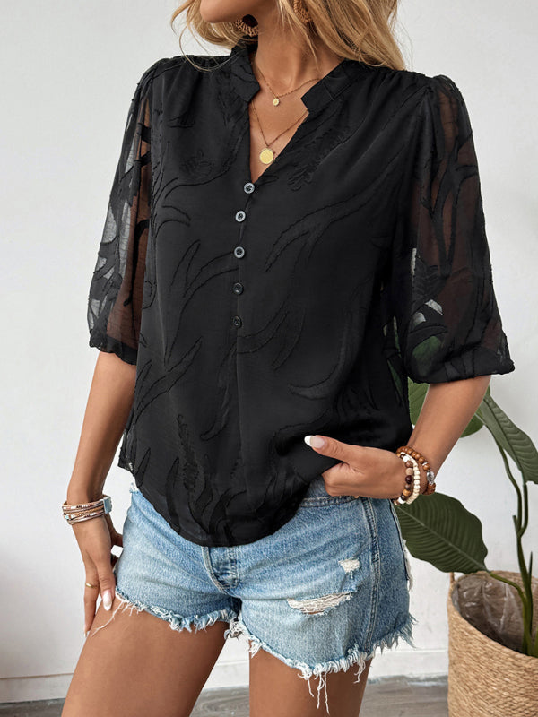 Sexy and elegant lace stitching stand collar puff sleeve solid color shirt - Black / S