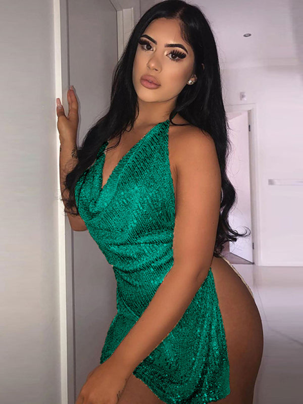 Sexy backless hollow halter neck figure-flattering short women’s dress - Green / S