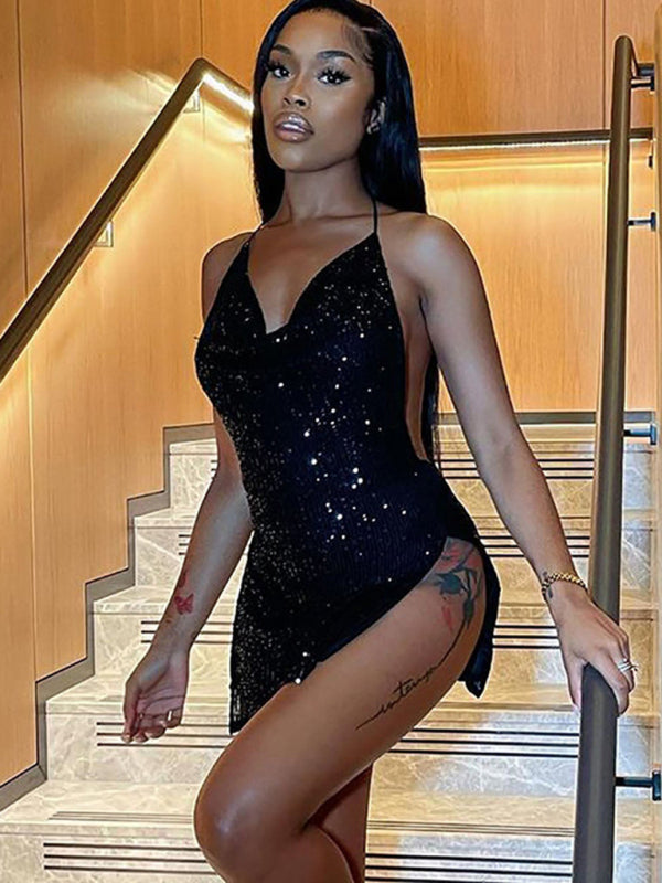 Sexy backless hollow halter neck figure-flattering short women’s dress - Black / S