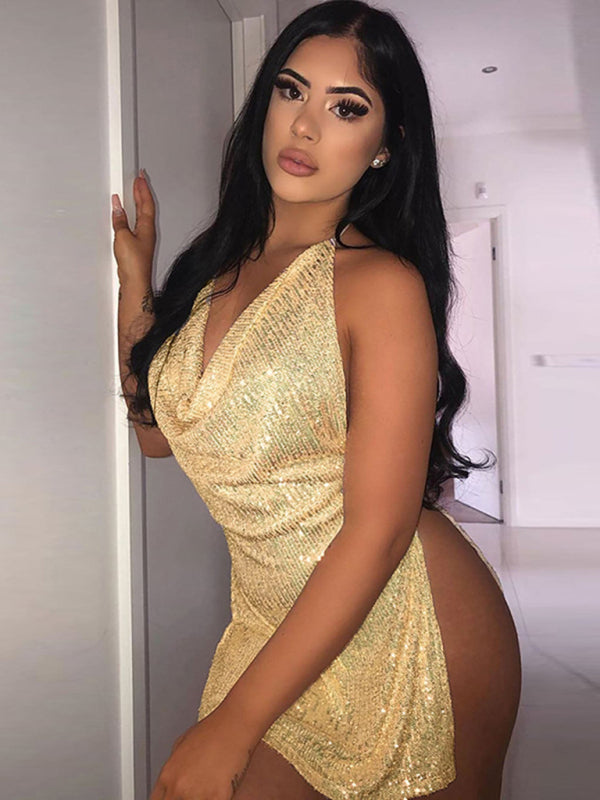 Sexy backless hollow halter neck figure-flattering short women’s dress - Golden / S