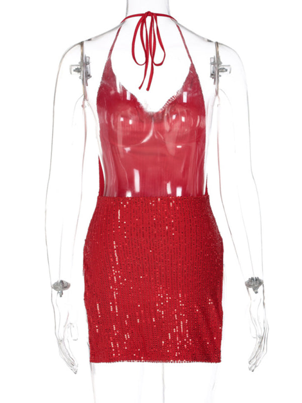 Sexy backless hollow halter neck figure-flattering short women’s dress