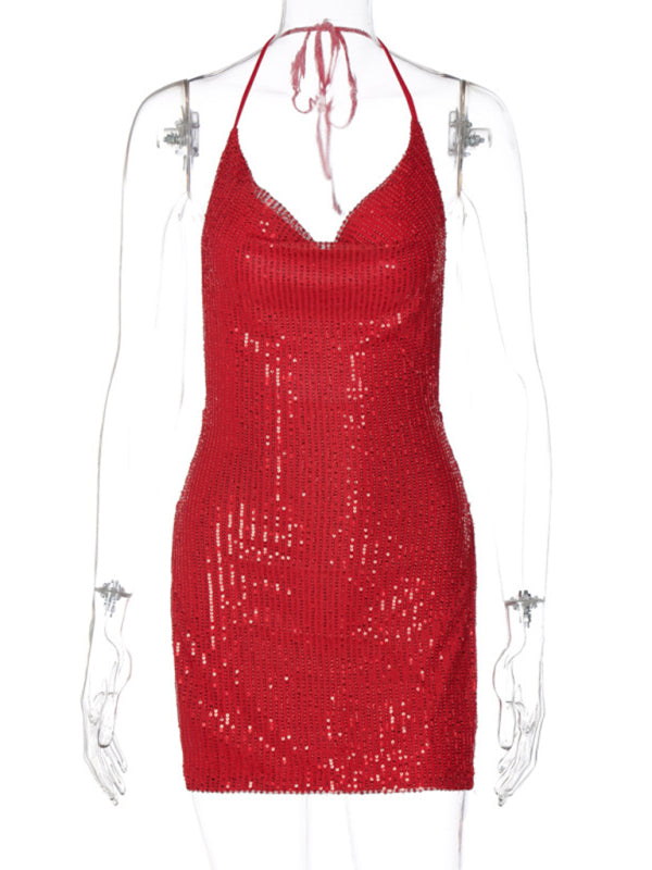 Sexy backless hollow halter neck figure-flattering short women’s dress