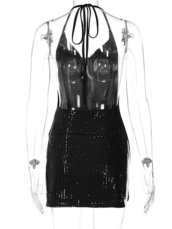 Sexy backless hollow halter neck figure-flattering short women’s dress