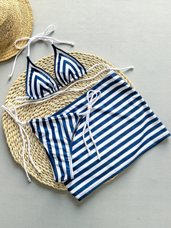Striped blue and white swimsuit with skirt from Sexy Bikini three-piece women’s set