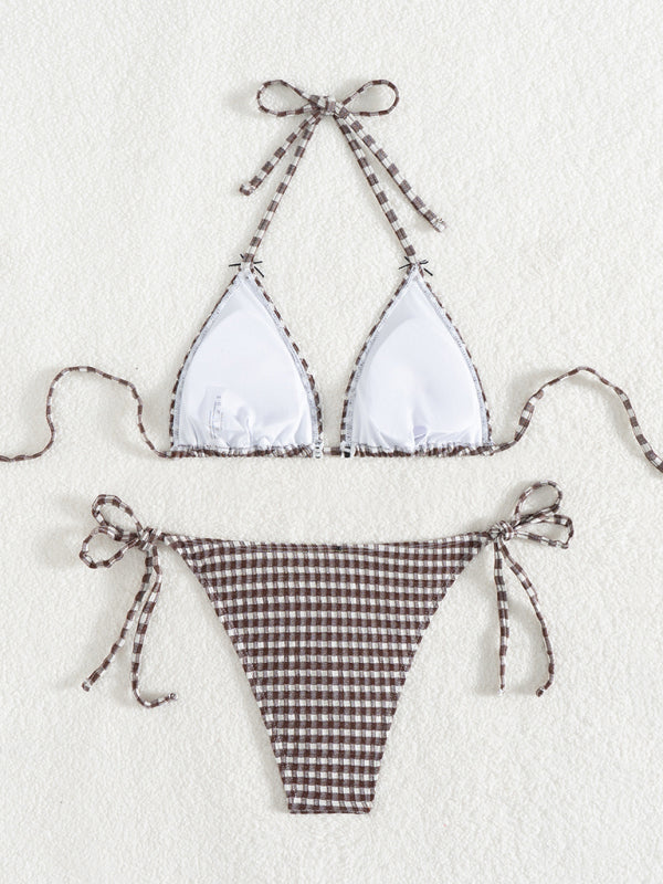 Sexy Checkerboard Lace Halter Neck Bow Bikini