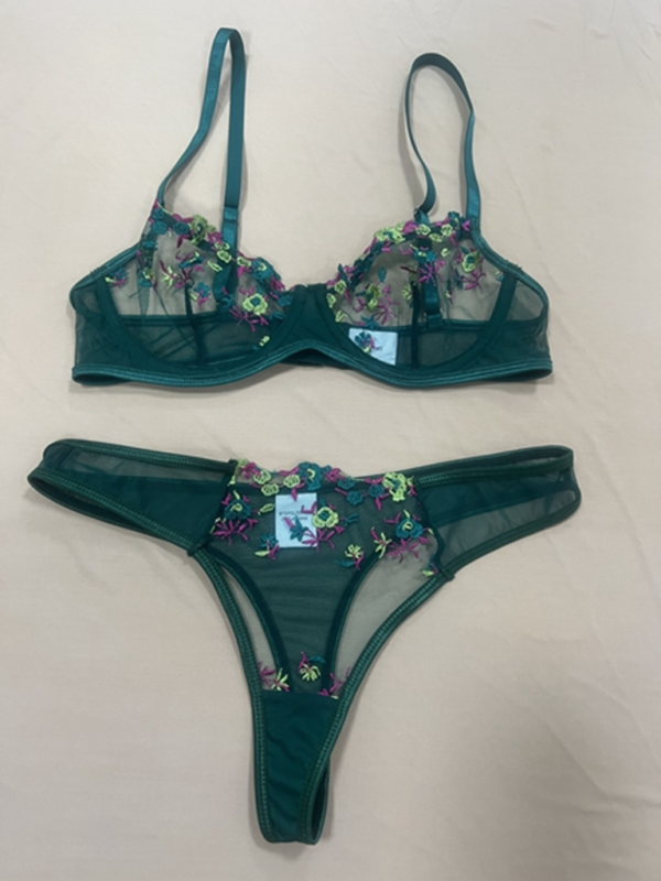 Sexy Floral Knit Lingerie Set in Polyester Fabric - Green black jasper / S