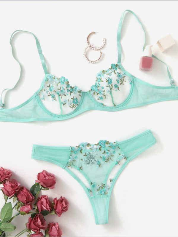 Sexy Floral Knit Lingerie Set in Polyester Fabric - Green / S