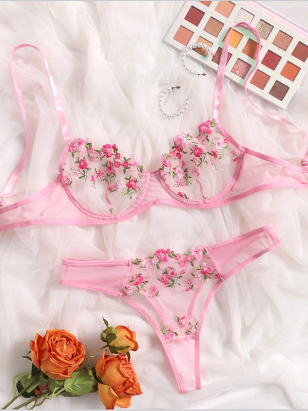 Sexy Floral Knit Lingerie Set in Polyester Fabric - Pink / S