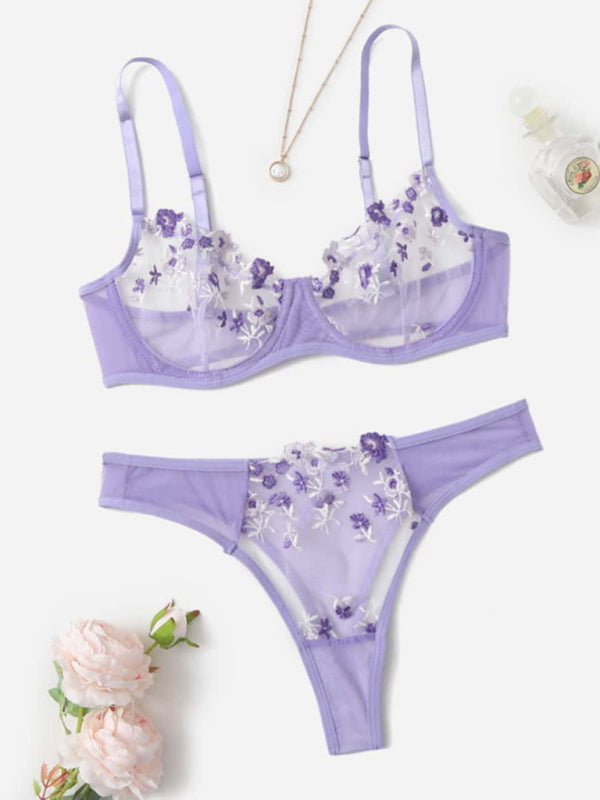 Sexy Floral Knit Lingerie Set in Polyester Fabric - Purple / S