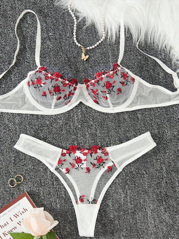 Sexy Floral Knit Lingerie Set in Polyester Fabric - White / M