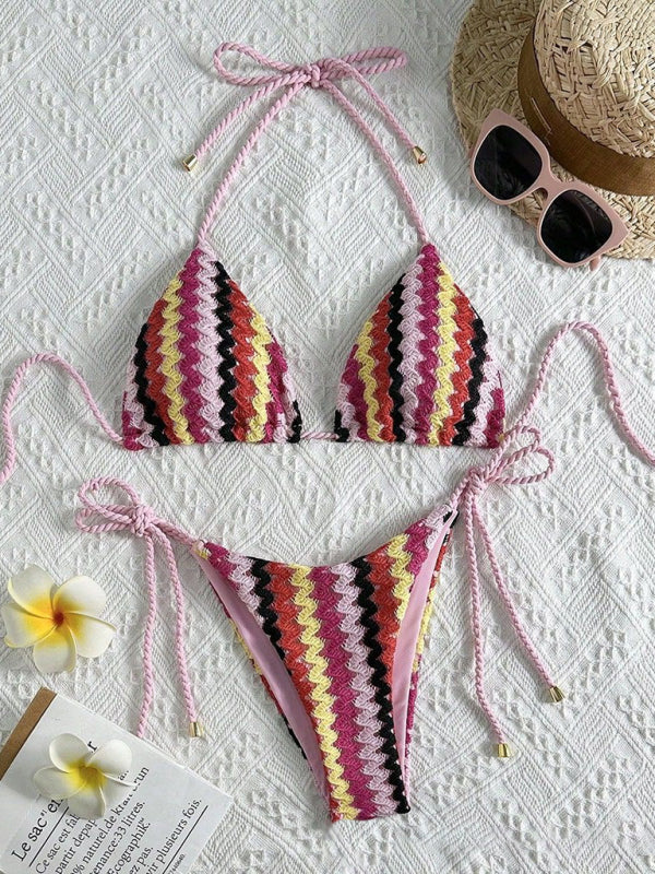 Sexy Knitted String Bikini - Pink / XS