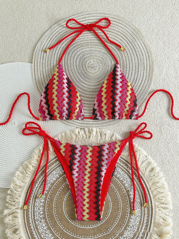 Sexy Knitted String Bikini - Red / XS