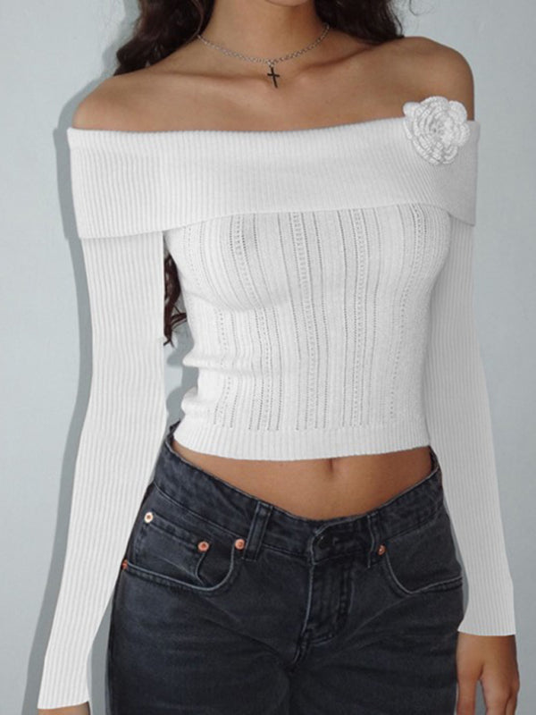 Sexy one-shoulder three-dimensional floral long-sleeved knitted top - White / S