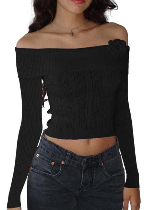 Sexy one-shoulder three-dimensional floral long-sleeved knitted top - Black / S